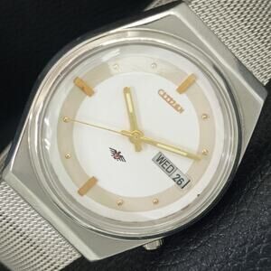 Vintage 1985 Citizen Automatic Mens Silver Watch W/daydate & White accents